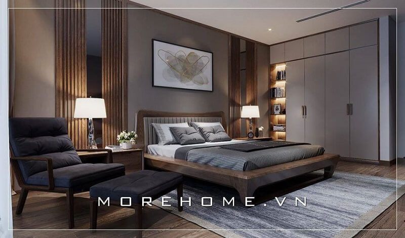 Mẫu giường ngủ gỗ gỗ óc chó hiện đại với kiểu dáng đơn giản nhưng tinh tế trong đường nét, tạo điểm nhấn nổi bật cho căn phòng.