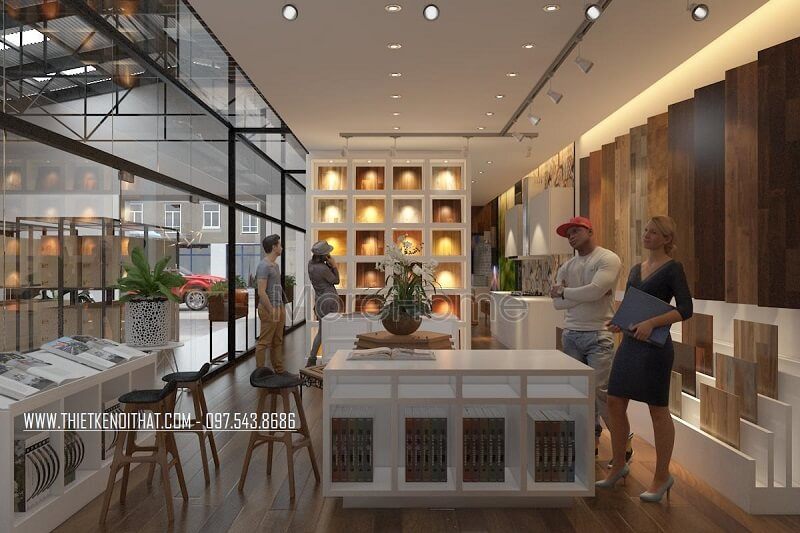 Thiết kế khu trưng bày sản phẩm cho showroom nội thất JANHOME hiện đại với quầy kê trưng bày độc đáo