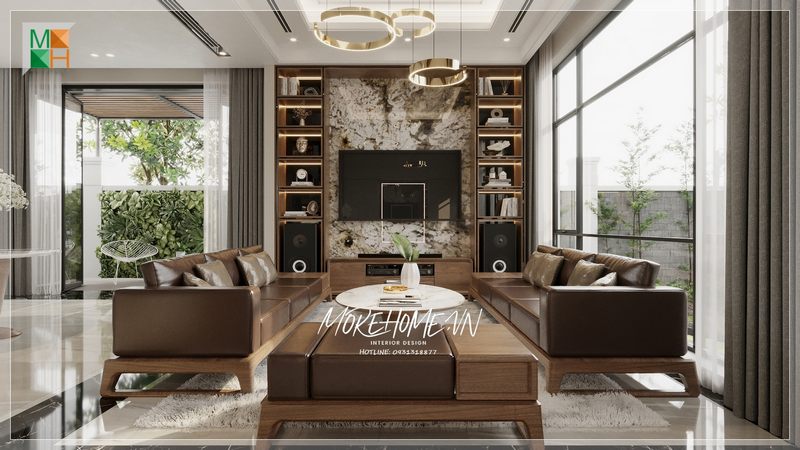 Sofa phòng khách bọc da dược thiết kế tinh tế ấn tượng và độc đáo mang đến cảm giác thân thiện và ấn tượng khi bước chân vào căn phòng.