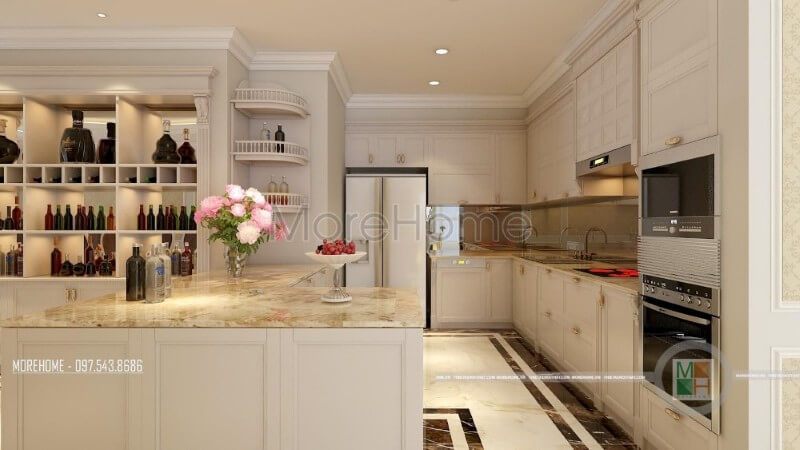Mặc dù nội thất của ngôi nhà theo phong cách tân cổ điển, bếp vẫn cần được sử dụng để giúp việc vệ sinh dễ dàng hơn và giữ được vẻ đẹp bền bỉ trong thời gian dài.