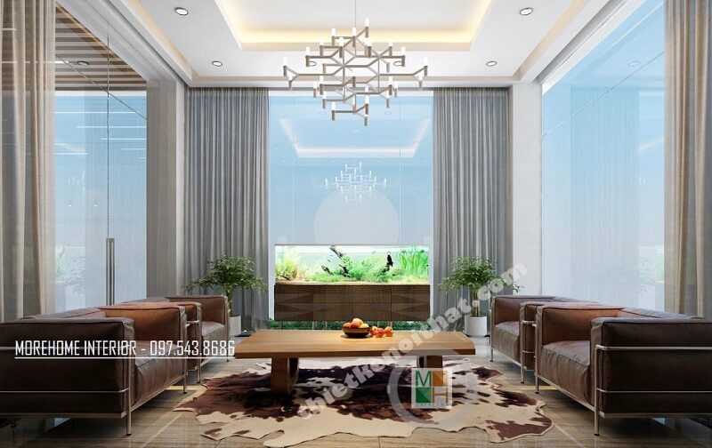 Thiết kế nội thất phòng khách biệt thự được tạo nên sang trọng bởi sự xuất hiện của bộ sofa bọc da cao cấp, tạo nên điểm nhấn nổi bật cho căn phòng.