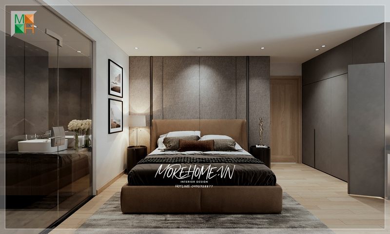 Không gian được tô điểm bởi nệm ốp tường đầu giường bọc nỉ màu xám, mang lại sự thoải mái nhất cho gia chủ.